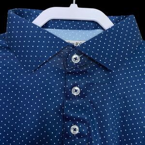 Collars & Co Polo Shirt Mens L Blue Polka Dot Preppy Stretch Dress Collar NEW